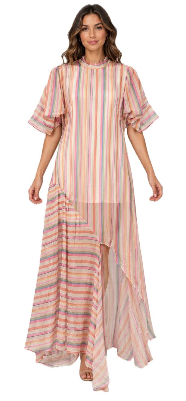 Labelrail Olivia & Alice Maxi Dress Sz 6 Pastel Striped ASO Short Sleeve Tie NEW